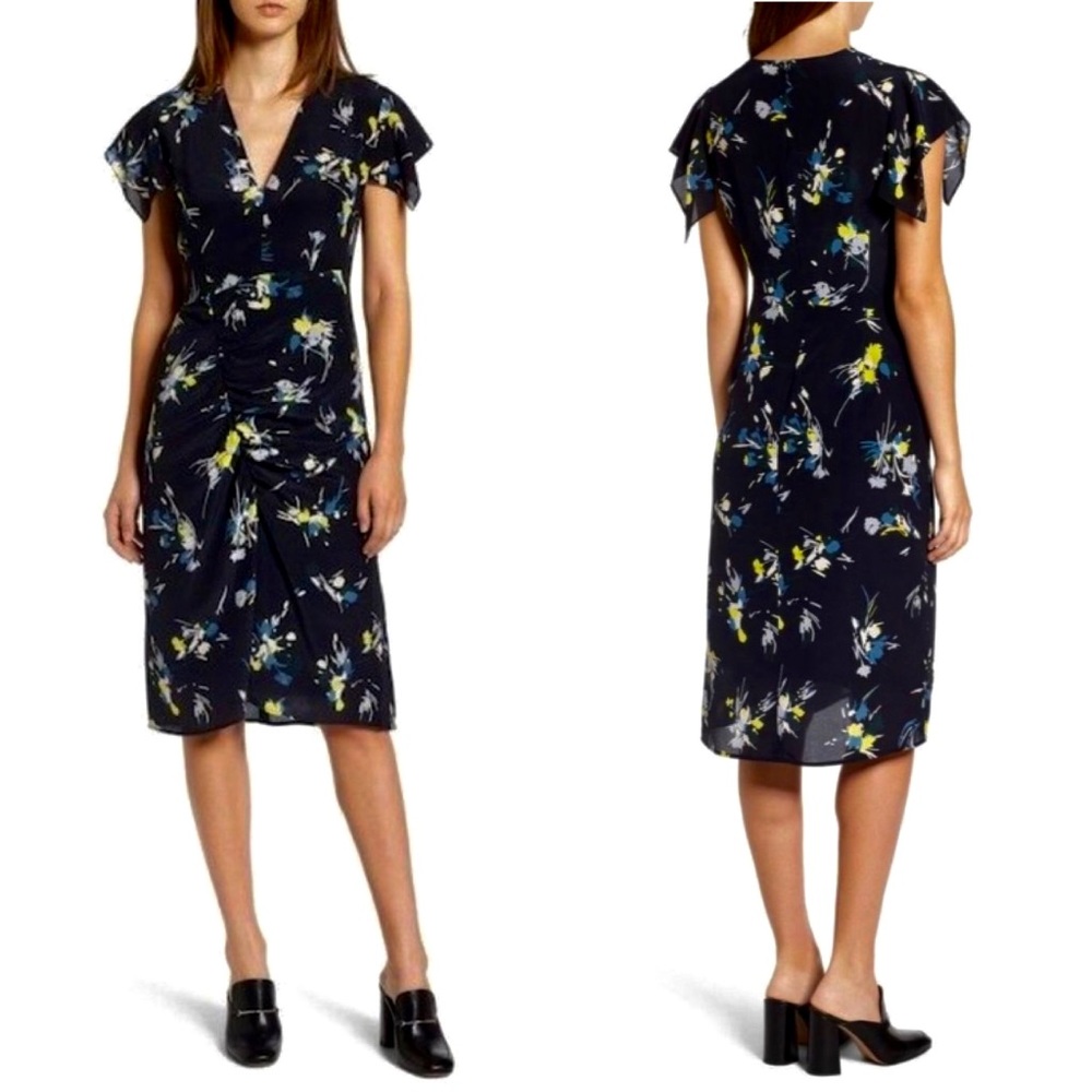 Lewit Navy Blue Floral Print 100% Silk Midi Dress
